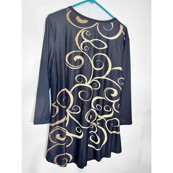 Lily By Firmiana Tunic Top Plus Size 1X Blouse Black Gold Swirl Flowy 3/4 Sleeve - Picture 7 of 8